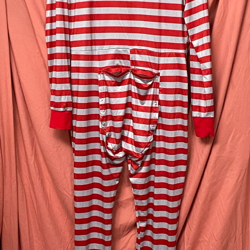 Retro Red and White Striped Adult Onesie with Peek-a-Boo Bottom - Picture 2 of 7